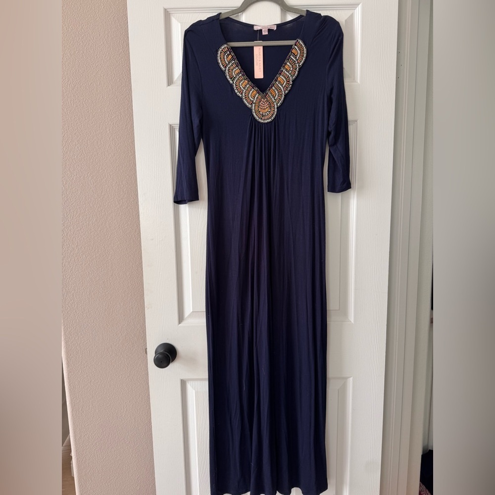 NWT ROMEO & JULIET COUTURE Navy Blue Beaded Neckline Maxi Dress size M